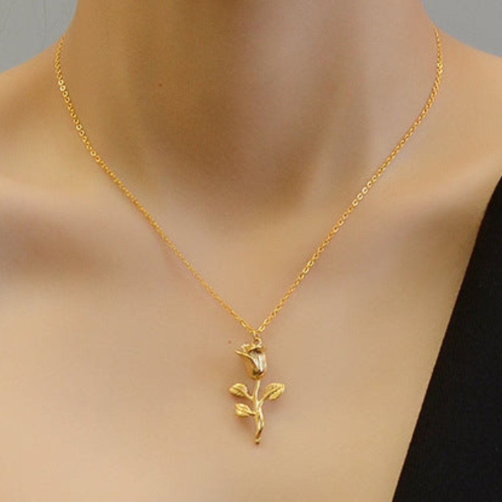 18K Gold Plated Rose Flower Pendant Necklace